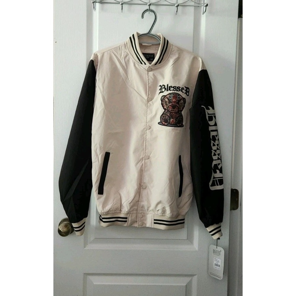 Seven Souls Mens Varsity Style Jacket BLESSED Success Comes With PURPOSE Bear  M